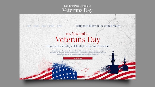 Free PSD veterans day landing page template with cracked concrete texture