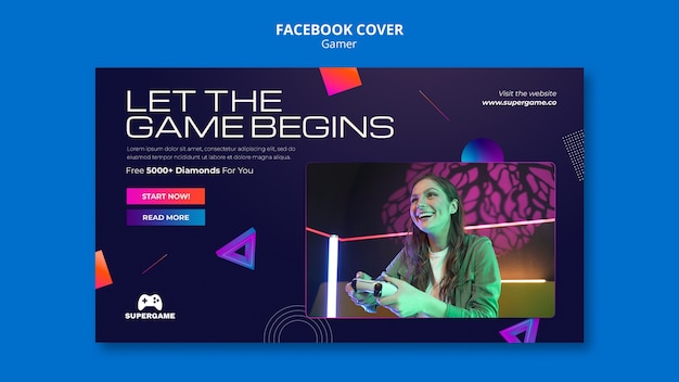 Free PSD video gaming social media cover template with gradient geometric forms