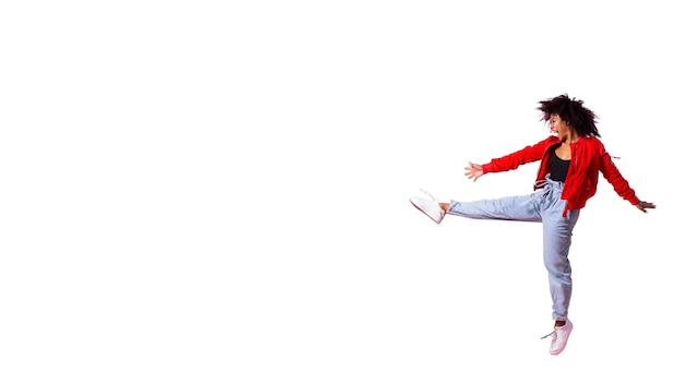 Free PSD view of happy woman jumping in mid-air