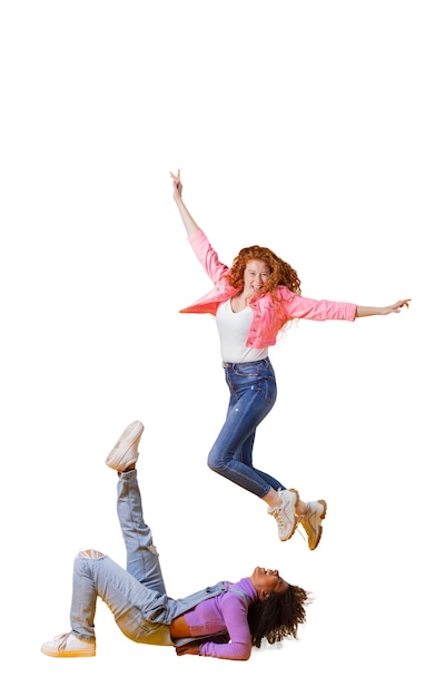 Free PSD view of happy woman jumping in mid-air