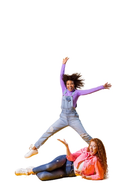 Free PSD view of happy woman jumping in mid-air