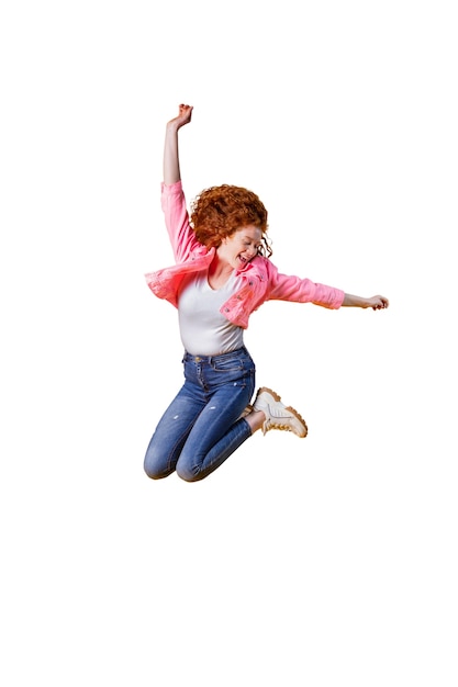 Free PSD view of happy woman jumping in mid-air