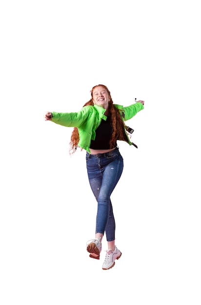 Free PSD view of happy woman jumping in mid-air