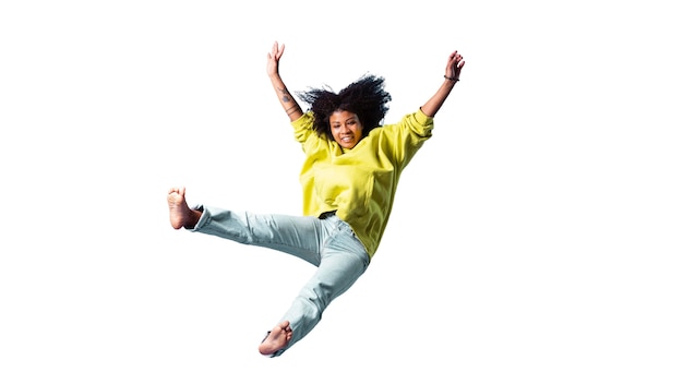 Free PSD view of happy woman jumping in mid-air