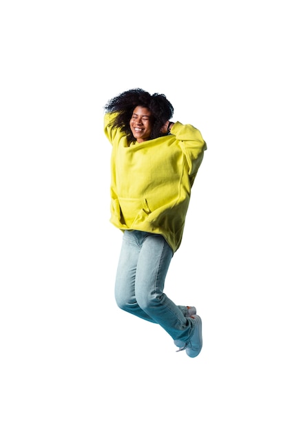 Free PSD view of happy woman jumping in mid-air