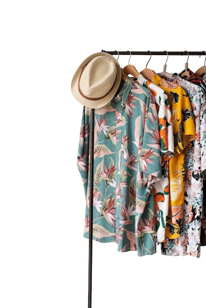 Free PSD view of hawaiian shirt with clothing rack