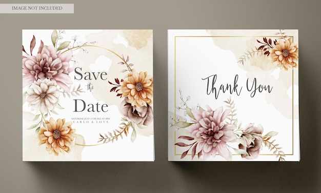 Free PSD watercolor autumn flower and leaves wedding invitation template