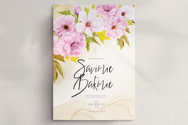 Free PSD watercolor cherry blossom wedding card set