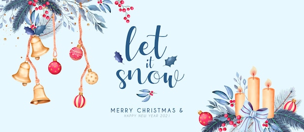 Free PSD watercolor christmas banner with beautiful ornaments