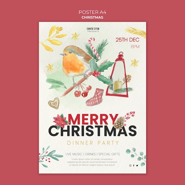 Free PSD watercolor christmas vertical poster template