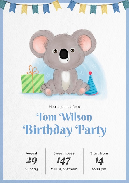 Free PSD watercolor koala birthday invitation