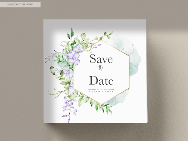 Free PSD watercolor purple and violet lilac flowers invitation card