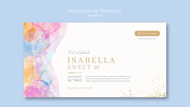 Free PSD watercolor sweet 16 party facebook template