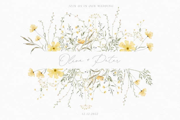 Free PSD watercolor wedding card with delicate floral arrangements