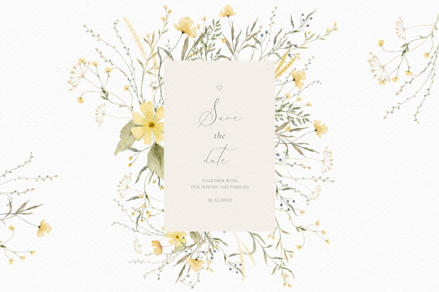 Free PSD watercolor wedding card with delicate floral arrangements