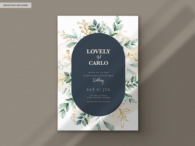 Free PSD watercolor wedding invitation card in elegant green leaves