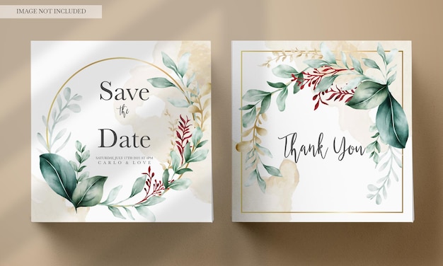 Free PSD watercolor wedding invitation card in elegant green leaves