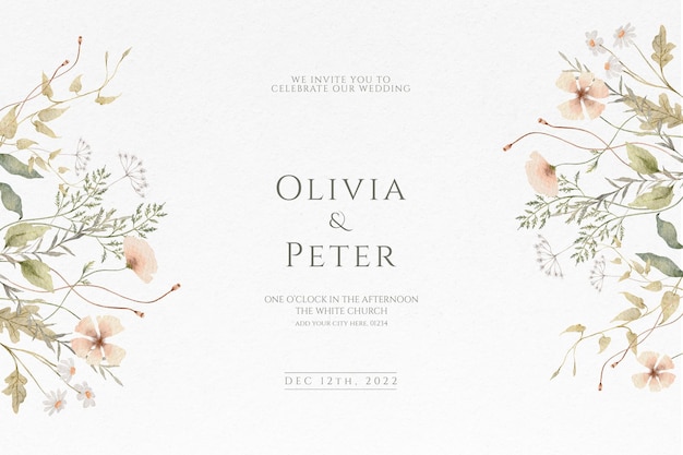 Watercolor wedding invitation card with delicate flowers