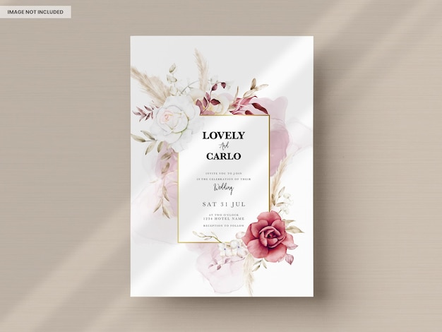 Watercolor wedding invitation template with maroon and peach floral