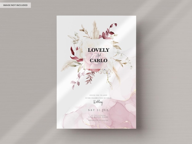 Free PSD watercolor wedding invitation template with maroon and peach floral