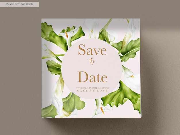 Free PSD watercolor white lily flower and greenery leaves wedding invitation card