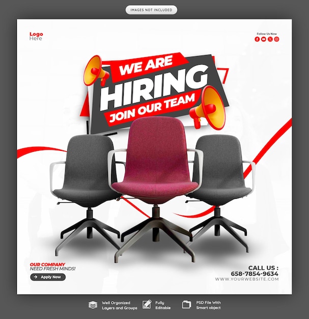 Free PSD we are hiring job vacancy social media banner or instagram post template