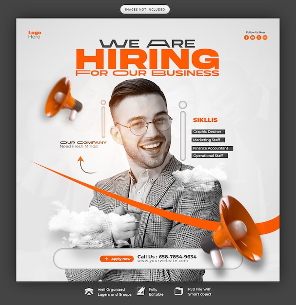 Free PSD we are hiring job vacancy social media banner or instagram post template