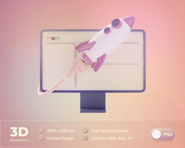 Web design a flying rocket with a computer 3d illustration