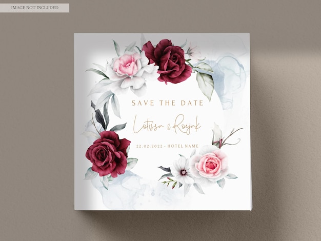 Free PSD wedding invitation card template with beautiful flower wreath watercolor