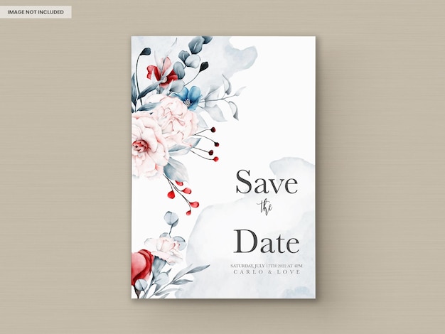 Free PSD wedding invitation card template with red and blue flowers floral frame watercolor