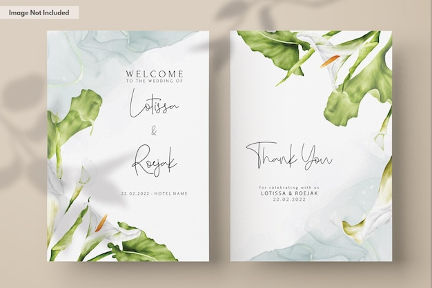 wedding invitation card template with white calla lily flower watercolor