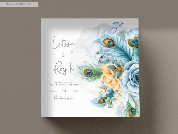 Free PSD wedding invitation card with beautiful floral and peacock feather