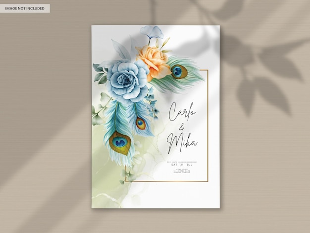 Free PSD wedding invitation card with beautiful floral and peacock feather