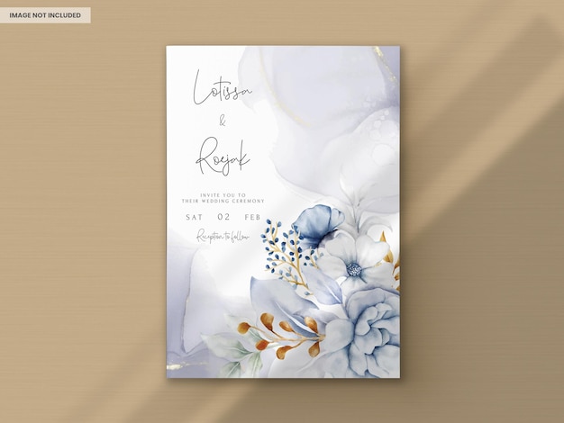 Wedding invitation card with beautiful white blue and gold floral