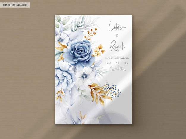 Free PSD wedding invitation card with beautiful white blue and gold floral