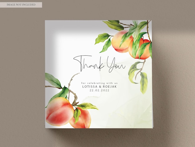 Free PSD wedding invitation card with watercolor peach fruit and green leaves hand drawn