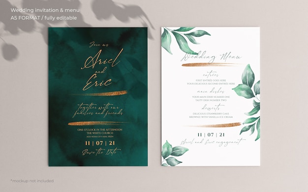 Free PSD wedding invitation and menu template with beautiful leaves