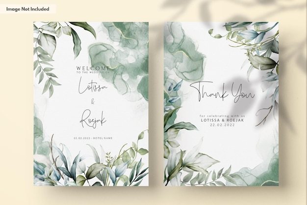 Free PSD wedding invitation template with beautiful leaves watercolor