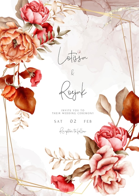 Free PSD wedding invitation template with elegant watercolor browns roses