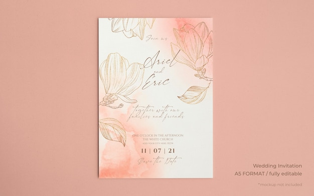 Free PSD wedding invitation template with golden magnolias