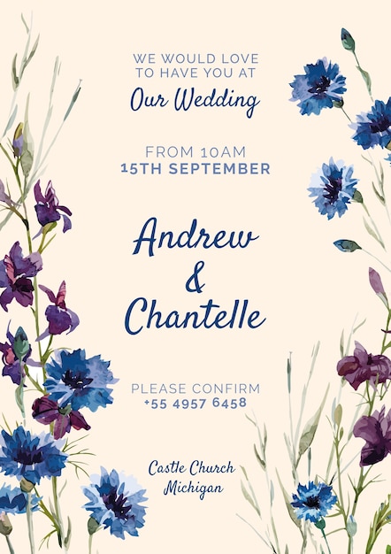 Free PSD wedding invitation with blue and purple flowers