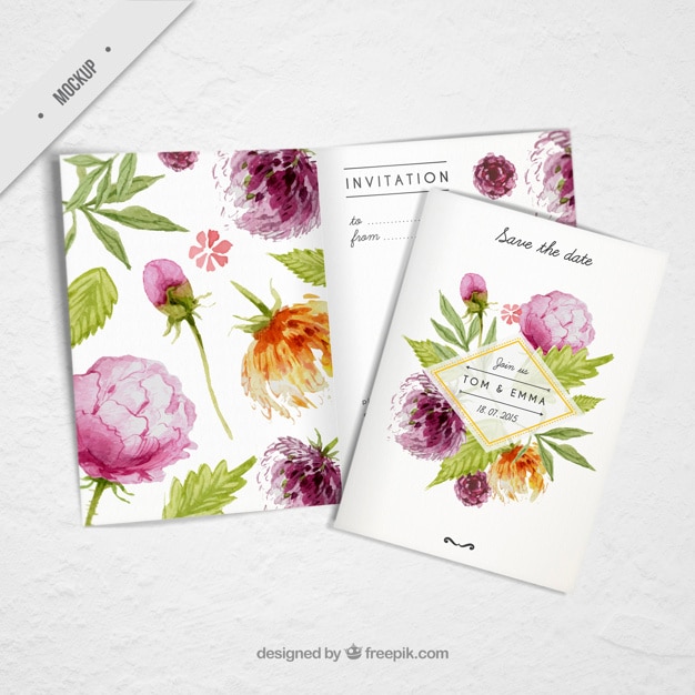 Free PSD wedding invitation with cute watercolor flowers