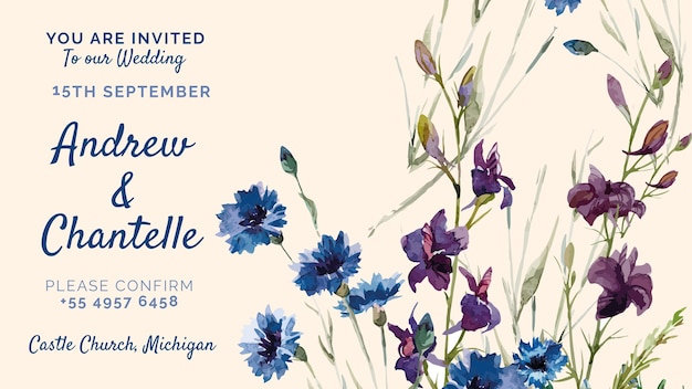 Free PSD wedding invitation with purple and blue painted flowers