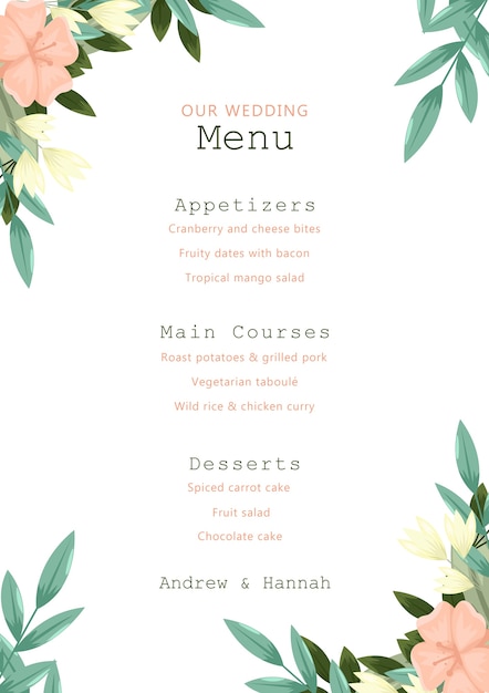 Wedding menu with pink flowers frame