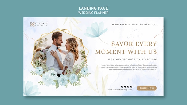 Wedding planner landing page template with watercolor floral design