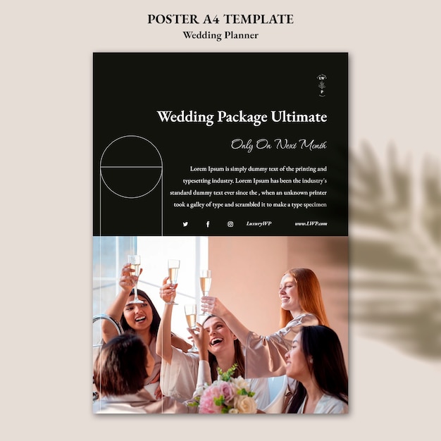 Free PSD wedding planner vertical poster template with leaf shadow design