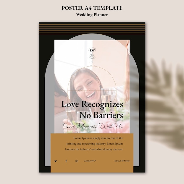 Free PSD wedding planner vertical poster template with leaf shadow design