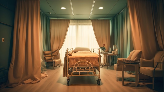 Free PSD wheeled bed behind privacy curtains in a medical clinic generative ai