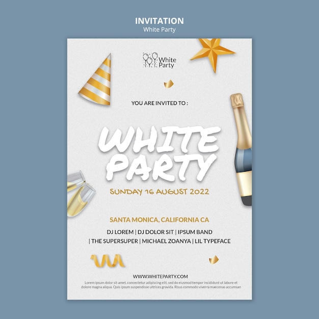 White party invitation with hat