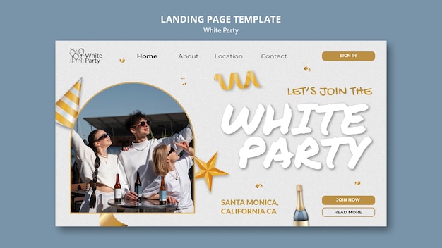 Free PSD white party landing page with decorations